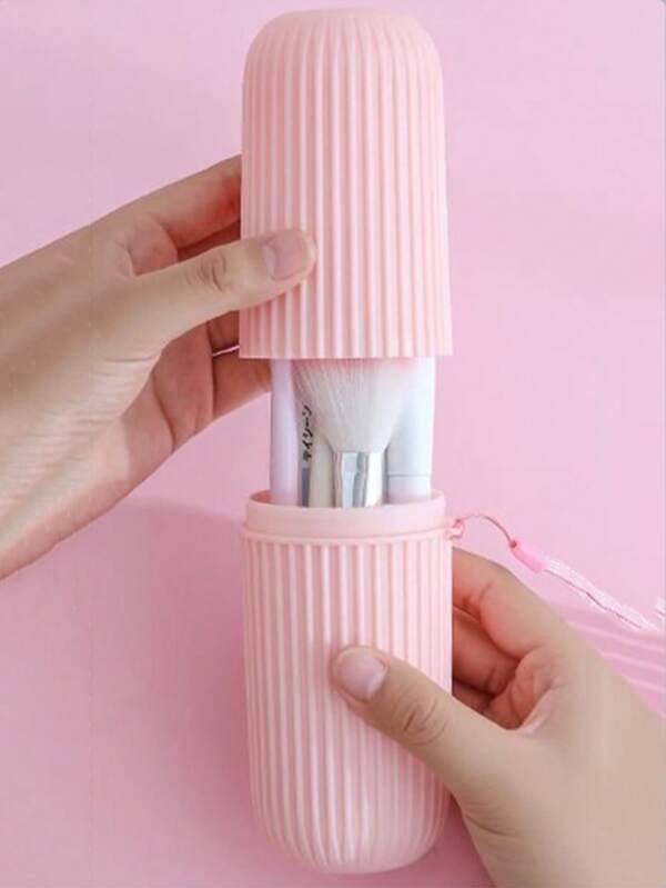 1pc Portable Makeup Brush Storage Box, Travel Toothbrush Box, Pen Holder Set, Wash Cup Multifunctional With Cover, Vertical Stripe Portable Travel Storage Box, Portable Wash Cup With Rope, Brush Teeth, Rinse Mouth, Store Toothpaste And Toothbrush, Lipstick, Makeup Brushes And Other Items - Small, Hygienic, Suitable For Camping, Graduation Season Travel, Holiday Travel, Portable Design, Essential For Going Out