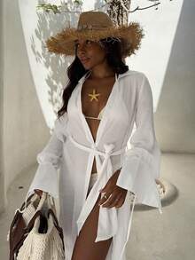 Women's Vacation Casual Minimalist Sexy Regular-Shoulder Long Sleeve Shirt With Lapel, Button & Tie-Up, Long Length Cover-Up - White - View 6