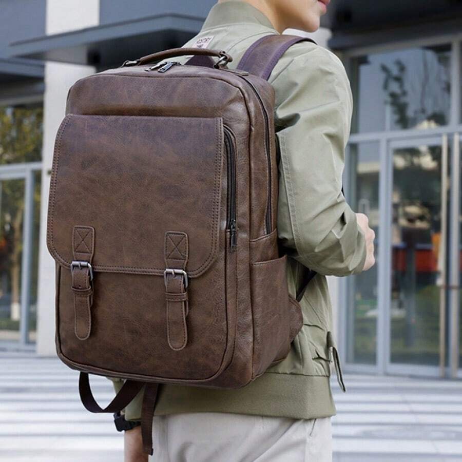 Men's Synthetic Leather Backpack-Large-Capacity, Multi-Compartment Business Office Commuter Laptop Bag With Soft Shoulder Pads And Durable Travel Backpack, Coffee Brown/Light Brown/Black, Necessary For Commuting, Exclusive To Fashion Design Business Professionals. - Cà phê - Xem 1