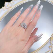 SHE IN Cubic Zirconia Three Row Eternity Ring For Women Round Cut CZ Sterling Silver Wide Wedding Bands Rings For Her
