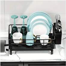 Escurridor de platos, escurreplatos para encimera de cocina, escurridor de gran capacidad con soporte para cubiertos, organizador de cocina para platos, cucharas y tenedores, color negro