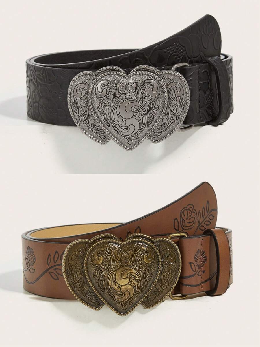 2pcs Unisex Heart Print & Solid Color Western Style Vintage PU Leather Belt, Suitable For All Seasons Fall, Autumn, Halloween