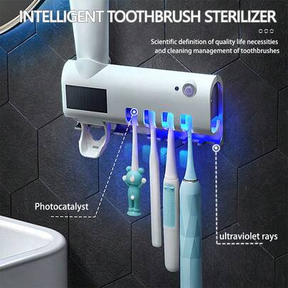 Portacepillos de dientes montado en la pared, dispensador de pasta de dientes que ahorra espacio, accesorios de baño multifuncionales para toda la casa, portacepillos de dientes para baño, portacepillos de dientes para baño, portacepillos de dientes montado en la pared con dispensador de pasta de dientes para baño, no requiere taladro, portacepillos de dientes con 4 ranuras para cepillos, 5 regalos festivos importantes, Navidad, Halloween, San Valentín, etc., perfecto para baños domésticos y neg