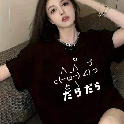 일본식 여성 면 루즈핏 카툰 고양이 프린트 캐주얼 반팔 티셔츠, 봄/여름