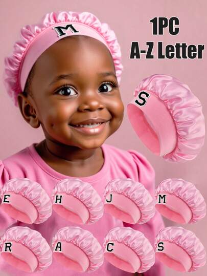 1 pièce Chapeau pour enfants Lettres A-Z Rose, Bonnet en satin épais à large bord élastique - Casquette de sommeil ajustée pour la protection des cheveux, modèle ultra-doux et respirant avec bande intérieure antidérapante