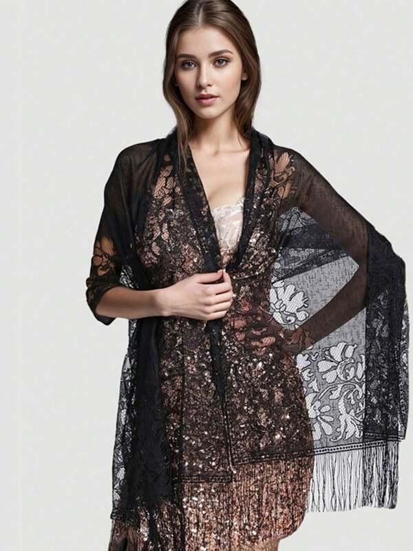 1 pieza Chal/Cárdigan de encaje láser de verano largo - Para vestidos, baile, gimnasia, viajes, playa, unicolor