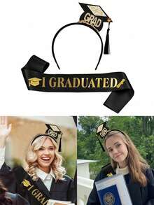 2pcs-Class Of 2025 Graduation Shoulder Strap & 'grad' Headband Set, Party Decoration,Graduation Headband And Shoulder Straps For Congrats Grad Party Supplies Bachelor Cap Headband With Doctoral Hat Black Sash Satin Tassels Tiaras For Graduation Party Dress Up Favor Photo,Holiday Festival Carnival Dress Up Party Supplies