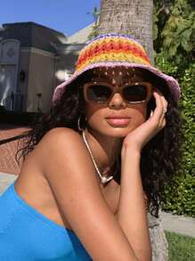 1 pièce Chapeau seau en paille rayé bicolore pour femmes, adapté pour le port quotidien, les sorties d'été et les vacances pour la protection solaire Boho