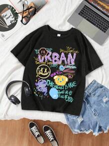 Teen Girls Graffiti Urban Print, Short Sleeve Soft Tee, Street Casual Wear Summer, Girls Tops