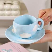 1 件手工捏制咖啡碟，陶瓷云朵图案设计，复古蓝色优雅小批量，高品质，适合女性返校 - 不規則 - 查看 5