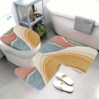 1/3/4pcs Super Soft Bathroom Set, Made Of Flannel Fabric With Plush Velvet Floral Pattern, Including Toilet Seat Cover, U-Shaped Mat, Toilet Mat With 12 Hooks, Ideal For Bathroom And Home Decoration, Suitable As Holiday Gift Room Decor Bathroom Accessories Back To School