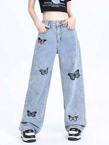 复古刺绣蝴蝶宽松阔腿裤，适合青少年女孩休闲修身直筒裤，百搭 - 藍色 - 查看 3