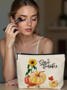 1pc Autumn Pumpkin Maple Leaf Tree Alphabet Linen Print Cosmetic Bag, Cute Travel Makeup Case And Multi-Function Coin Purse, Lightweight Gift Essential For Women