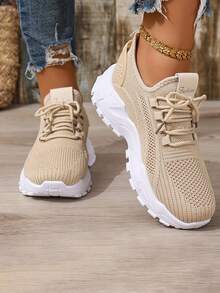 2025 New Style Women's Sport Casual Shoes - Women's Shoes For Autumn With Breathable Laces For Easy On And Off. Anti-Slip And Height-Increasing Type. Solid Heel Strap In Single Color. Fashionable British-Style Women's Tennis Sport Shoes For Summer Outdoor Travel, Running, Rock Climbing. Women's Outdoor Sports Shoes. Women's Shoes For Autumn (Available In Multiple Colors Such As White, Red, Etc.) - 杏色 - 查看 4