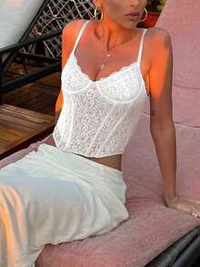 Lace-Pattern Herringbone Waist Slim-Fit Camisole Top Casual White Summer - White - View 2