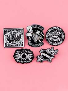 5Pcs Vintage Moon And Sun Enamel Pin Brooch Pines Lapel Pins Badge On Backpack Clothing Accessories Punk Jewelry Gifts - Black and White - View 2