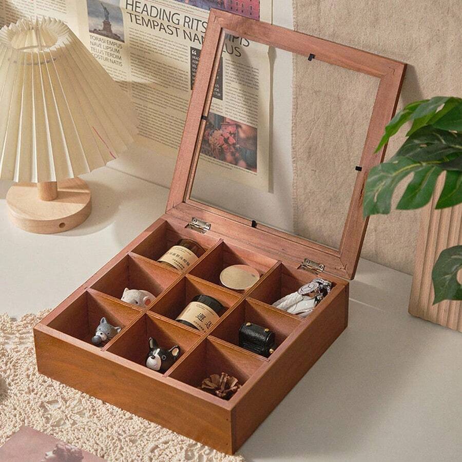 9格木质茶叶收纳盒，带透明盖，复古风格，可收纳茶包、咖啡胶囊、糖包
