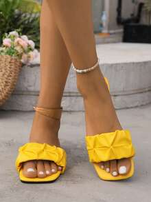 2pcs Women's Classic Square Toe Pleated Slip-On Sandals, Fashionable And Versatile - Yellow - View 1