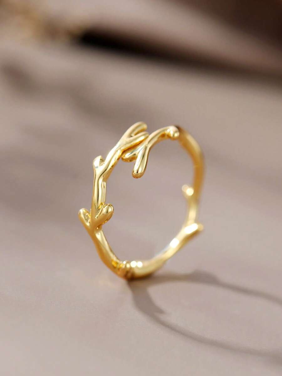 1pc Minimalist Deer Antler Branch Adjustable Open-Ended Ring - Gold - View 1