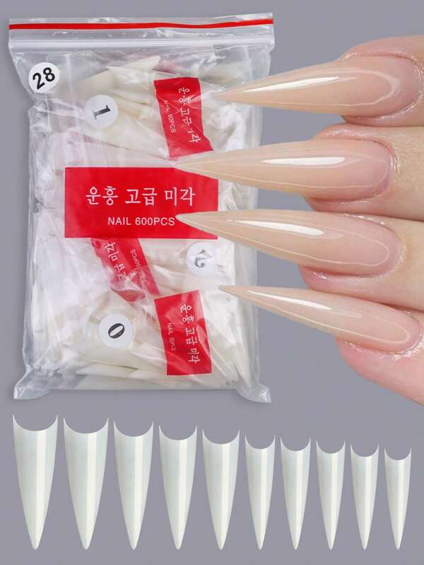 600 pezzi/sacchetto di unghie finte a punta lunga e stiletto, punte per unghie artificiali acriliche false di colore bianco chiaro naturale, da applicare, per manicure decorativa