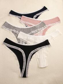 Paquete de 5 bragas tipo G con ribete de encaje y moño sexy, de colores múltiples, para mujeres
