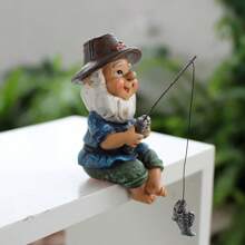 1 pieza Estatua de gnomo de pesca de resina, escultura de jardín, decoración de arte de patio para exteriores, figura decorativa de pescador caprichoso