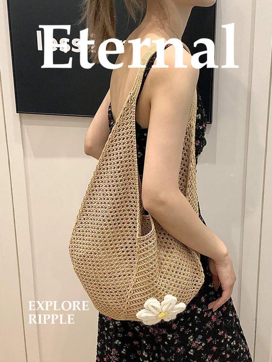 Torba Hollow Out Weave w stylu boho, torebka plażowa, torba typu tote o dużej pojemności, torba plażowa w stylu Slouchy, zakupy, damska, codzienna torba plażowa o dużej pojemności, torba typu tote z szydełkowanym kwiatem, modne torebki typu tote, torba podróżna na zewnątrz