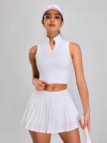 MASKERT Conjunto de 2 piezas para mujer, conjuntos de ropa de gimnasia, conjunto de falda de tenis, traje de fitness, conjunto de falda plisada para correr y ejercicio, conjunto de chaleco de solapa pequeña, ropa de ocio en casa, cómoda y amigable con la piel - Blanco - Ver 6