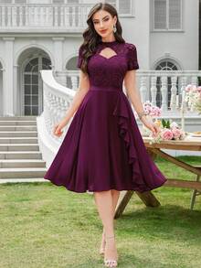 MIUSOL Floral Lace High Neck Side Ruffle Chiffon Cocktail Party Swing Dress - Maroon - View 10