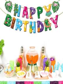 Pancarta de cumpleaños feliz de verano con tema de flamingo hawaiano, hoja de palma y Aloha para decoración de fiesta de cumpleaños de verano tropical