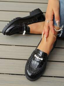 Black Patent Leather Mary Jane Platform Oxford Shoes For Women, Chunky Sole Pearl Decor French Style Loafers, 2025 Spring Autumn New Collection