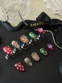 10 Peças Unhas Artesanais Estilo Boêmio, Design de Olho de Gato de Pitaia, Formato de Amêndoa Curto, Feito à Mão Clássico por Mulheres e Meninas, com 1 Peça de Gel e 1 Peça de Lixa anexadas