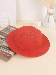 1pc Women's Solid Color Flat Top Small Brim Sun Hat, Simple & Versatile Straw Hat Suitable For Beach Vacation Photoshoots - Solid Color - View 20