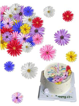 65 件雏菊纸杯蛋糕装饰威化纸花生日派对装饰品向日葵纸杯蛋糕签适用于派对春季婚礼生日派对蛋糕食品装饰用品混色