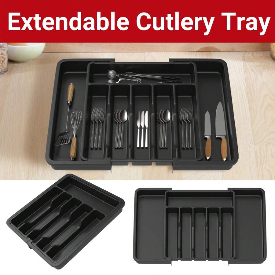 AutoFu Extendable Cutlery Tray Kitchen Drawer Organiser Large 6-8 Storage Compartments, Storage Insert Utensil Storage, Drawer Dividers - màu đen - Xem 1