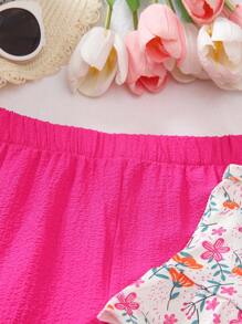 Set de 2 piezas para niñas pequeñas: Top sin mangas con volantes de estampado floral diminuto y pantalones largos de color rojo rosa, últimos diseños de moda para el verano