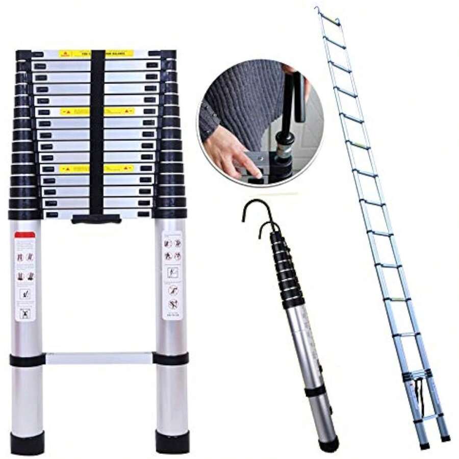 Telescoping Ladder 20ft 6.2M Aluminum DIY Extension Folding Loft Ladder With 2 Detachable Hooks Anti-Slip Rubber Feet Portable Heavy Duty Folding Ladder 330lbs Max Capacity EN131 Certificated - 1 - View 1