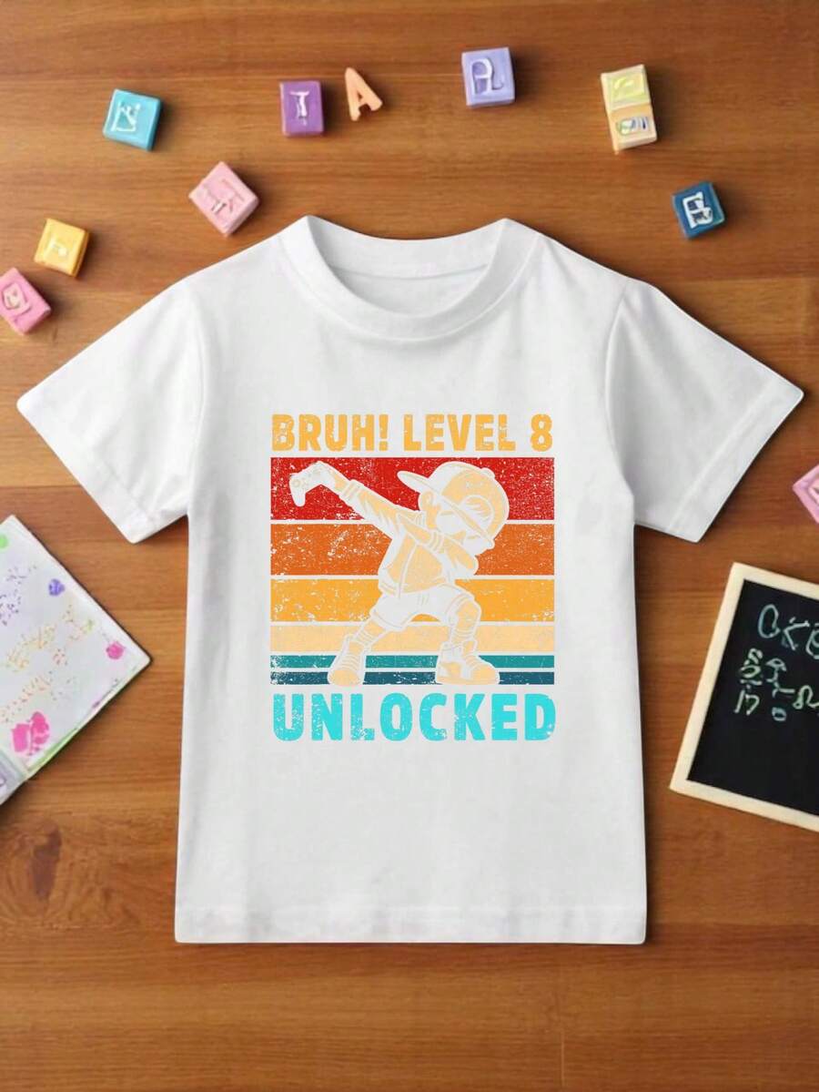 Bruh Level 8 Unlocked Kid T-Shirt, 8 Year Old Birthday Dabbing Boy Shirt, Gamer Youth Shirt, Toddler Birthday Shirt, Birthday Party T-Shirt. TD1216 - White - View 1