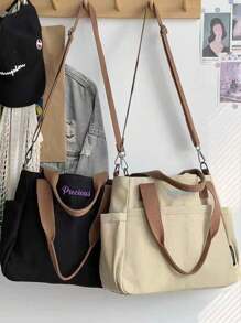 1pc Personalized Women's Canvas Tote Bag, Fashionable Versatile Work/Commute Shoulder Bag, Portable Lightweight Organizer Bag, College Style Large Capacity Student Book Handbag, Multifunctional Embroidered Letter Tote, Suitable For Daily Use, Can Be Given As Gifts To Family, Friends, Mothers, As Personalized Gifts For Mother's Day, Valentine's Day, Nurse's Day, Teacher's Day, Christmas Birthday, Etc.,School Supplies,Back To School,School Gift,For Office,For School,For Classroom,For Teacher Gifts,For University,For Colleague,For Dorm Rooms,For Teacher,For Boys And Girls,For Teenagers,Junior High School Students,Middle School Students,High School Senior High School Students,College Students,University Students,Freshman,Sophomore,Underclassmen