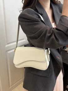 Bolso de hombro con solapa de unicolor minimalista, bolso bandolera clásico con textura para mujeres