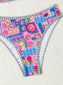 1 套女式水果印花两件套抹胸比基尼泳装，时尚性感 - 粉色 - 查看 5