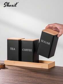 shoxil 3pcs Coffee Tea Sugar Canister Set For Kitchen Countertop, Metal Canisters With Airtight Bamboo Lid, Coffee Jar Sugar Jar Tea Jar, Coffee Tea Sugar Container Set, Square Kitchen Containers For Food Storage