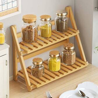 竹制可折叠厨房收纳架 - 双层多功能收纳架，适用于台面柜，节省空间的家居装饰