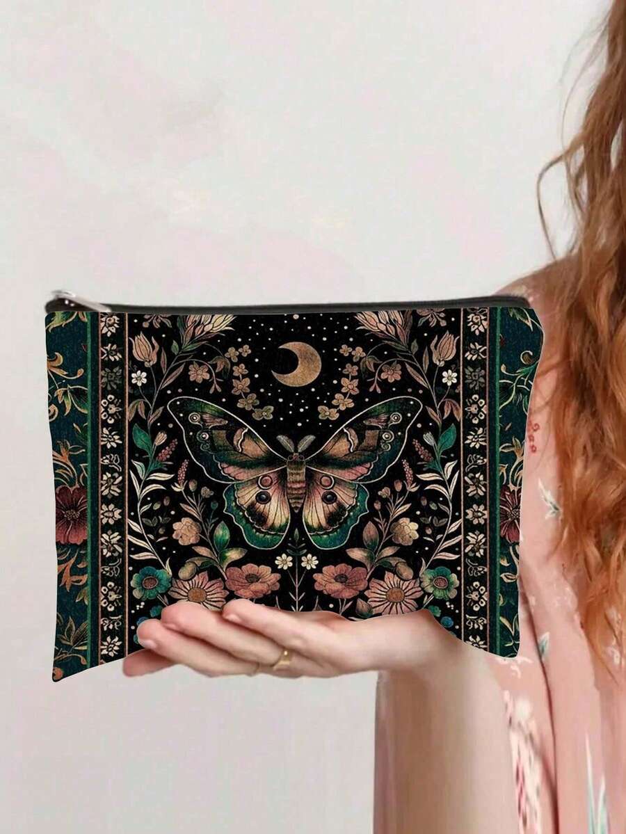 Celestial Cottagecore Moth Knit Toss Woodland Gothic Makeup Bag, Double-Sided Pattern Toiletry Bag, Travel Essentials, Gothic Witchcraft Dark Floral Design Creative Gift, Christmas Gift - Multicolor - View 1