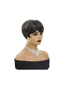 Short Curly Wigs Pixie Cut Wig Short Hair Black Wig With Bangs Natural Wavy Synthetic Wigs (Black Mixed Grey)