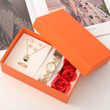 Caja de regalo de San Valentín con 7 piezas: reloj, aretes con perlas y rhinestones, collar con cisne, anillo en forma de corazón, jabón, flor de rosa falsa