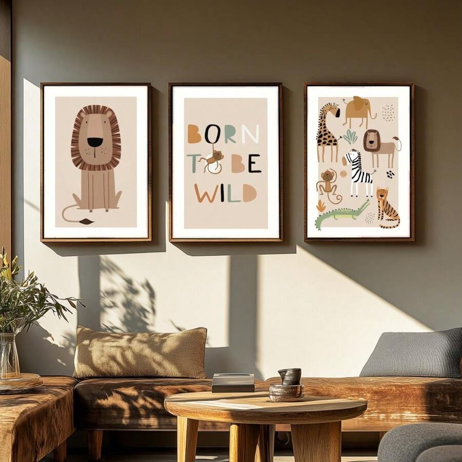 3pcs/Set Canvas Artwork Series, Framed Prints For Distinctive Home Decor - Wooden Frame Styles Elephant, Lion, Monkey, Giraffe, Tiger, Crocodile, Zebra, Woodland Animal Print, Cute And Fun, Neutral Style Decoration Poster, Home And Dorm Wall Decor, Bar
