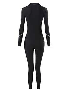 纯色底色撞色修身边缘长袖拉链运动风格连体泳衣夏季 - 黑色 - 查看 4