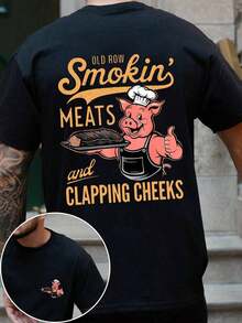 Men's Fashion Red Pig Chef Letter Graphic Print T-ShirtFather's Day Gift For Dog Dads-METRO MAFIA - 黑色 - 查看 1