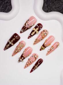 Handmade Almond-Shaped Y2K Style Nails, Spring/Summer, Nude & Brown Color With French Tips, Cross, Star, Irregular Liquid Metal Elements Design, Pure Handmade Nails Suitable For Women & Girls, 10 Pcs/Set 3 Sizes, Fit For Party, Wedding, Daily Wear, Includes Tools, Great Gift For Ladies